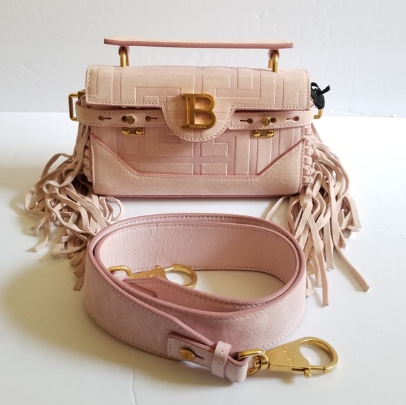 Balmain B-Buzz 19 Fringed Suede Monogram Crossbody Bag Faded Rose - Picture 2 of 15